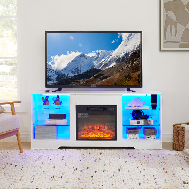 TV Stand Electric Fireplace TV Stand with Glass Shelves with 3D Fireplace