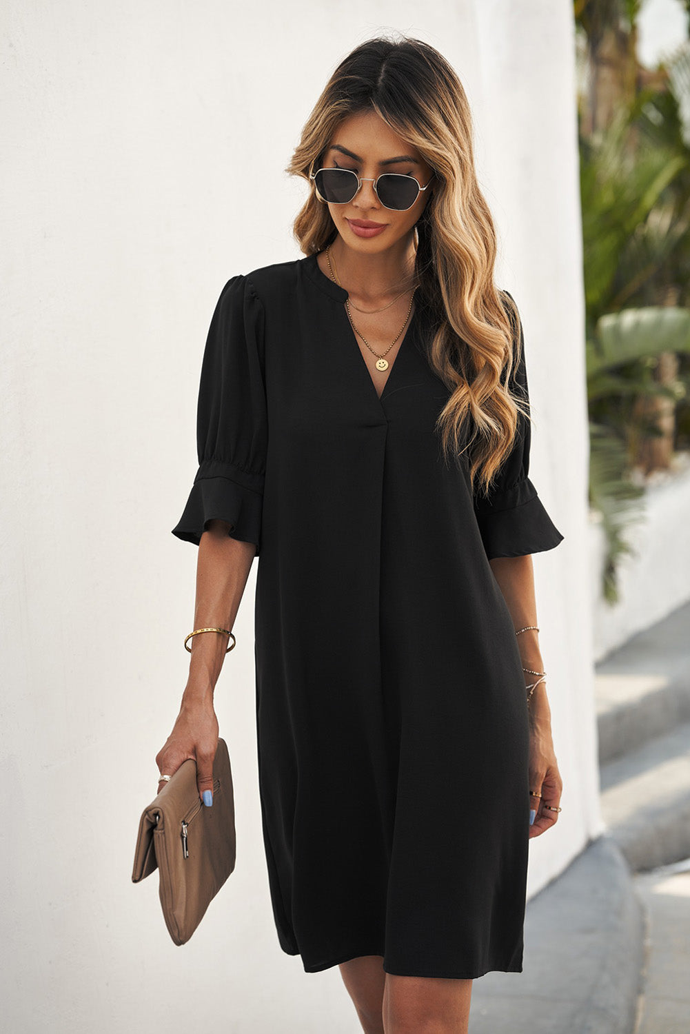 Black Split V Neck Short Sleeve Casual Tunic Dress - Eloy Royal