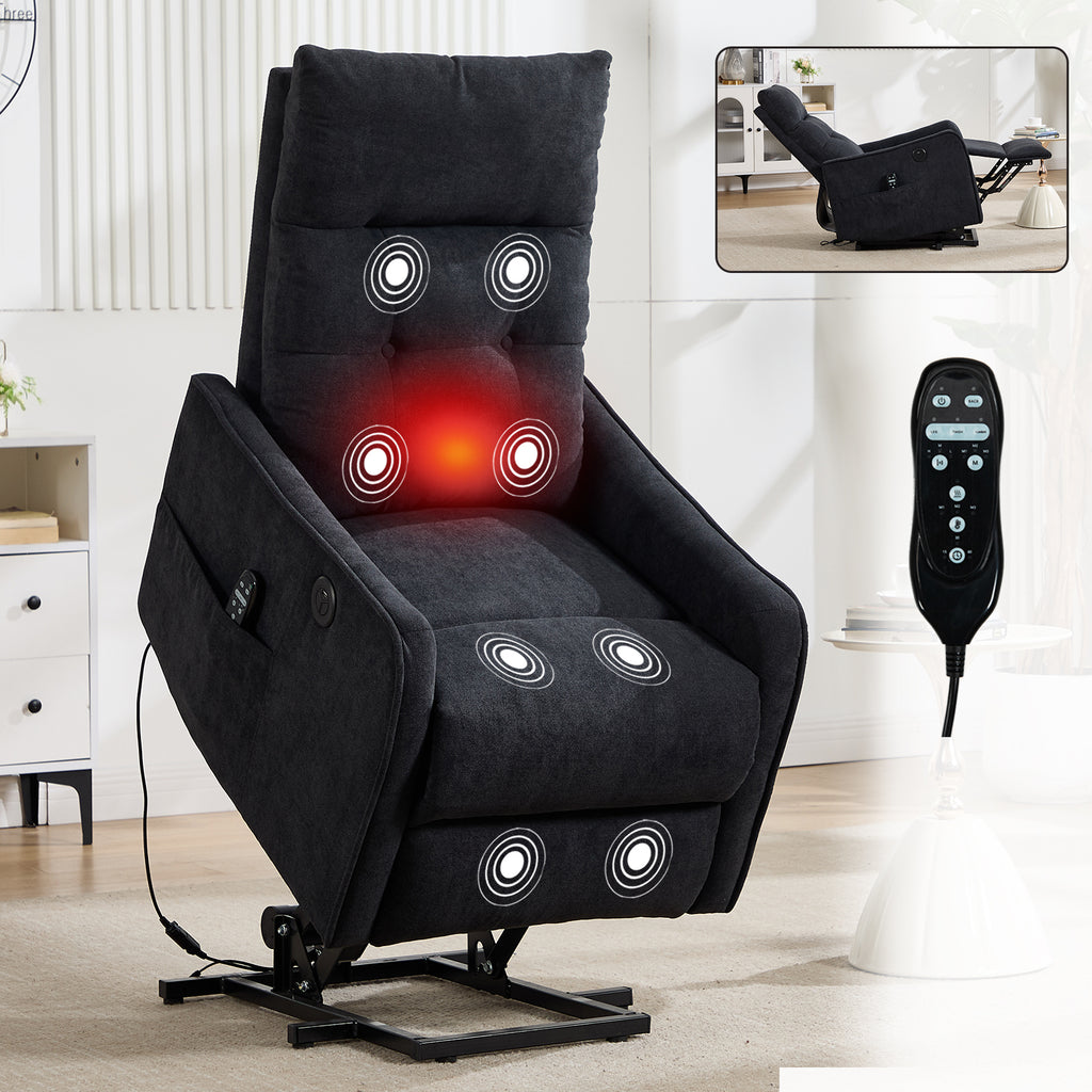 Black Chenille Single Motor Power Lift Recliner Chair with Massage and Heat for Elderly, Heavy Duty Motion Mechanism and One USB for Charging, Max Reclining Angle 155°