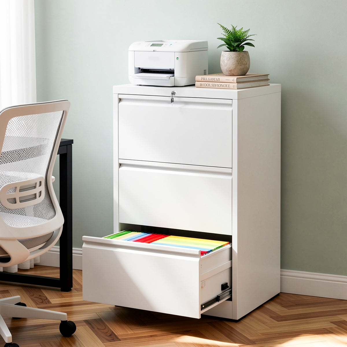 3 Drawer Lateral File Cabinet with Lock, Metal Lateral Filing Cabinet for Home Office, Steel Wide Horizontal Filing Cabinets for Letter/Legal/A4/F4 Hanging Files (White)