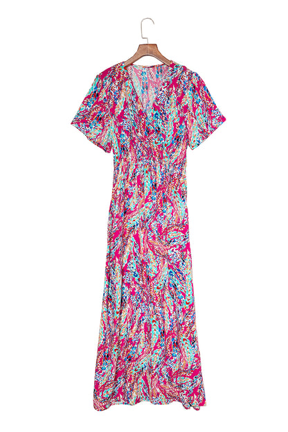 Wholesale Rose Boho Abstract Print V Neck Short Sleeve Maxi Wrap Dress - Eloy Royal