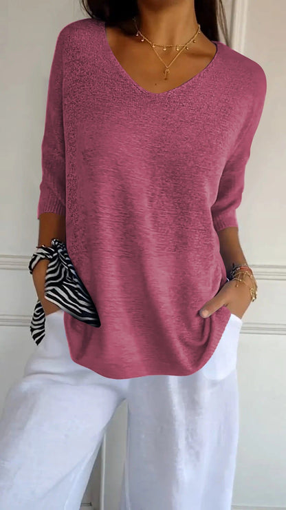 Solid Long Sleeve Sweater Slimming V-neckline Knitwear Women's Bottoming Shirt