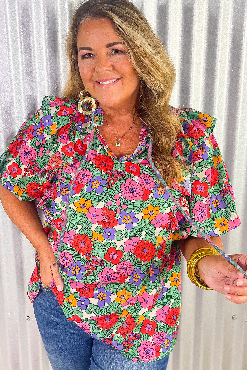 Multicolor Plus Size Floral Print Ruffle V Neck Bubble Sleeve Blouse - Eloy Royal