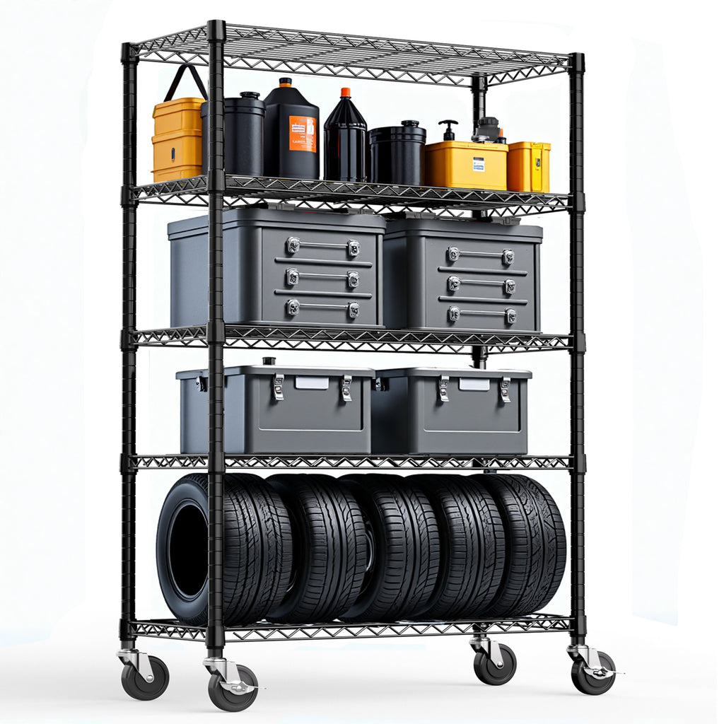 5-Shelf Storage Shelves,Wire Shelving Heavy Duty Metal Storage Shelving Unit Adjustable Garage Shelving Rack Pantry Kitchen (Black, 5 Tier,17.7' D x 47.2' W x 75.6' H)