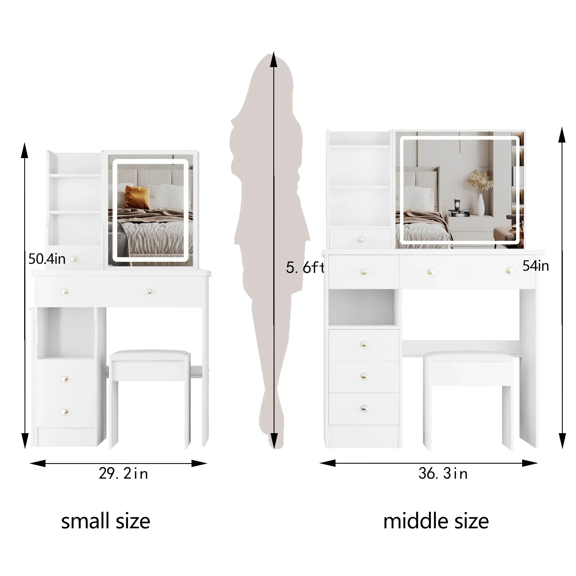 29.2' Small Size Left Drawer Desktop Vanity Table + Cushioned Stool, Large Sliding, Touch Control, Tri-color Switching, Brightness Adjust LED Mirror, High Capacity Storage, Suitable for Small Space - Eloy Royal