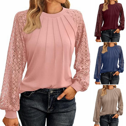 Women's Lace Patchwork Round Neck Pleated Long Sleeve Top