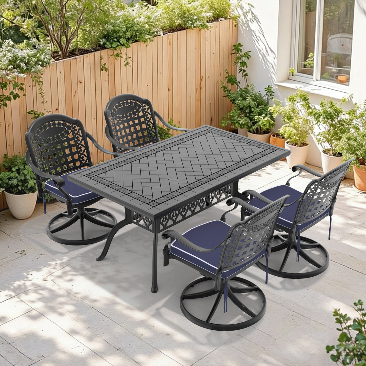 5-Piece All-Weather Cast Aluminum Dining Set, Include 4 Swivel Chairs and Rectangular Table With Black Frame