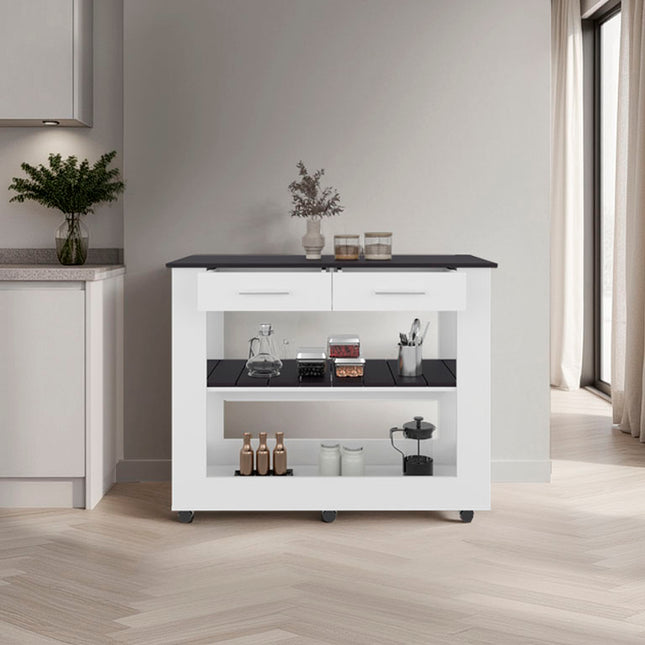 Hardy Kitchen Island, 2 Drawers, 6 Wheels, 2 Shelves, White / Black Wengue