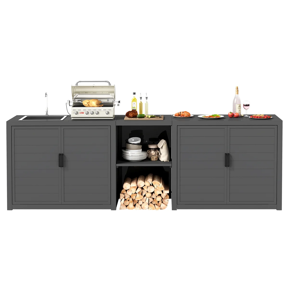 Outdoor Kitchen with Stainless Steel Sink, Aluminum Outdoor Prep Table & Storage Cabinet, 3-Piece All Weather Patio Modular Station for Backyard, Dark Grey