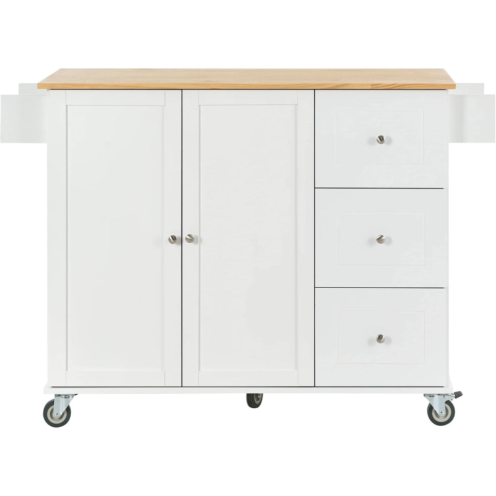 Rolling Mobile Kitchen Island with Solid Wood Top and Locking Wheels,52.7 Inch Width,Storage Cabinet and Drop Leaf Breakfast Bar,Spice Rack, Towel Rack & Drawer (White) - Eloy Royal