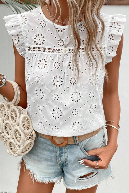 White Eyelet Embroidered Ruffle Shoulder Sleeveless Blouse - Eloy Royal