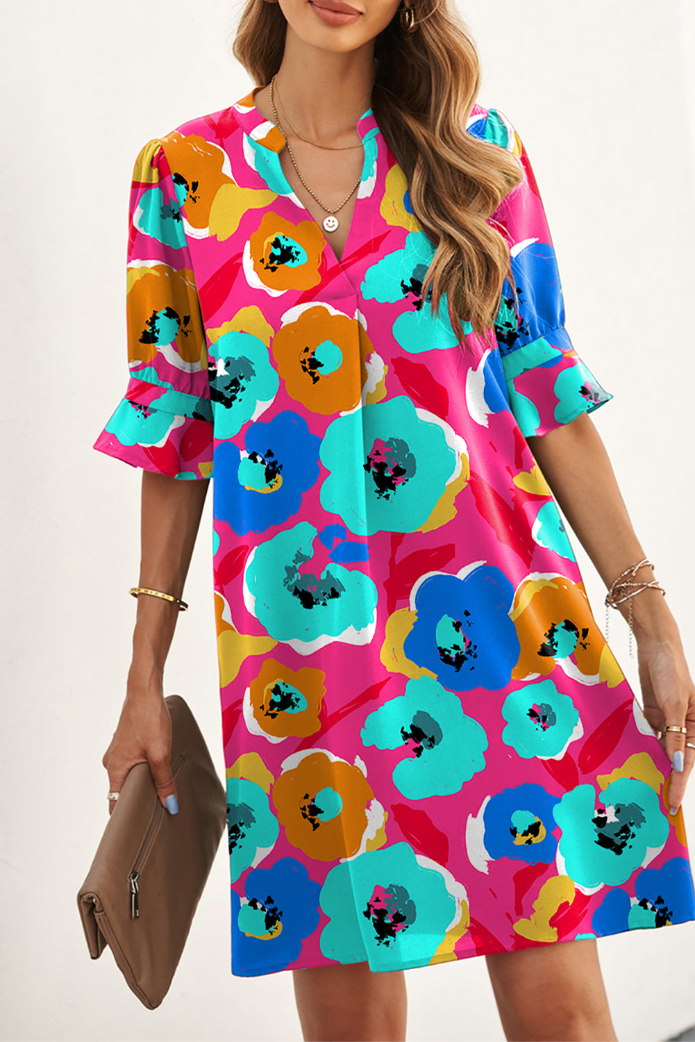 Multicolor Floral Print Mandarin Collar Short Sleeve Tunic Dress - Eloy Royal