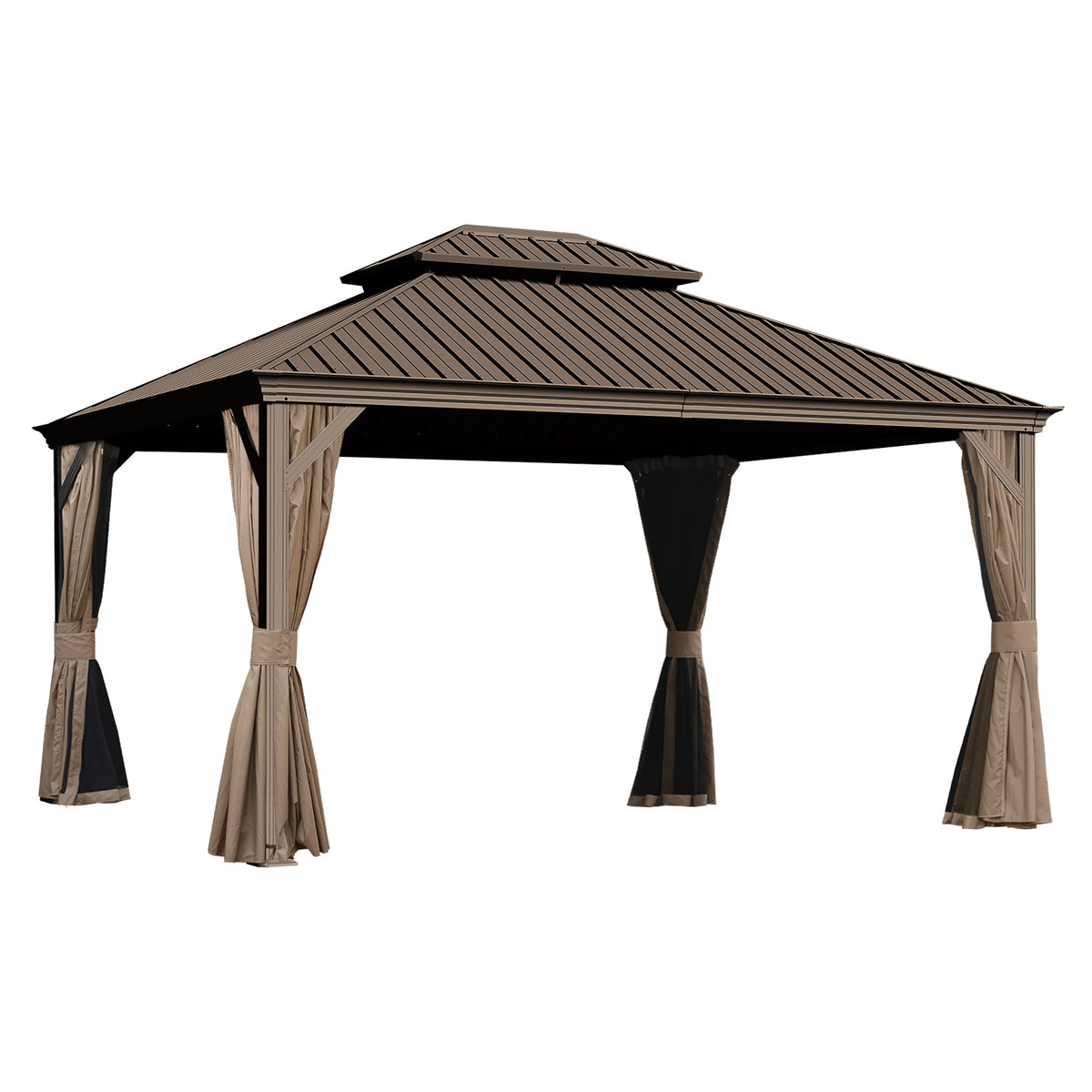 11x13FT Outdoor Gazebo, Hardtop Gazebo with Galvanized Steel Double Roof, Metal Gazebos with Drainage System Patio Pergola for Patio Deck Backyard,Curtain and Netting,Brown