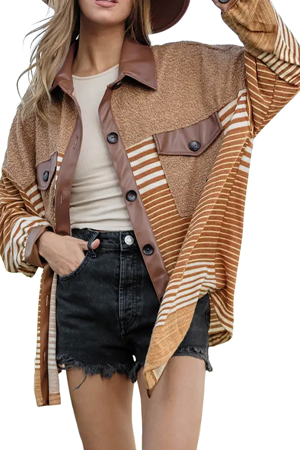 Wholesale Khaki Faux Leather and Sherpa Striped Shirt Shacket - Eloy Royal