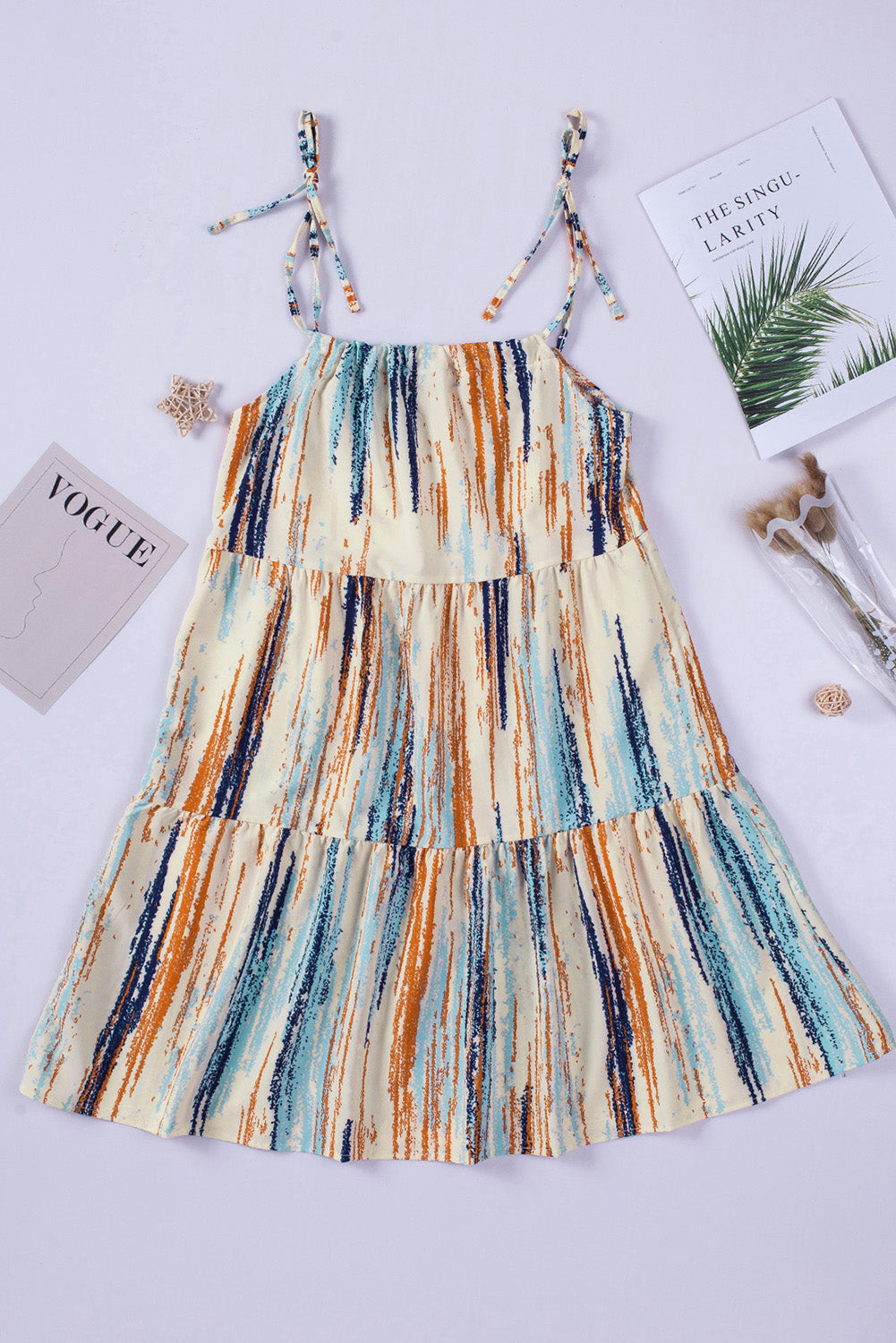 Multicolor Abstract Print Tie Shoulder Spaghetti Strap Tiered Dress - Eloy Royal