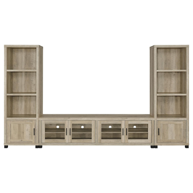 Heron Antique Pine 3-Piece TV Entertainment Center in Distressed Pine with Glass Front Storage, Engineered Wood Construction