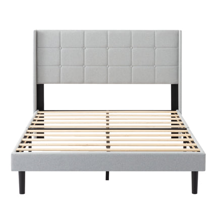 FULL Size Platform Bed Frame, Upholstered Tufted Headboard with Solid Wood Slat Support, Light Gray