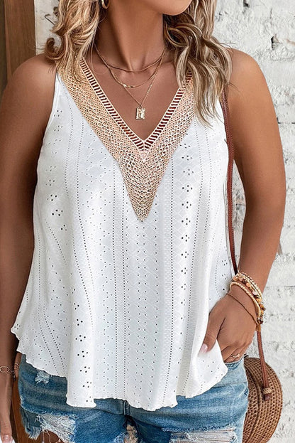 White Plus Size Guipure V Neck Eyelet Lace Tank Top - Eloy Royal