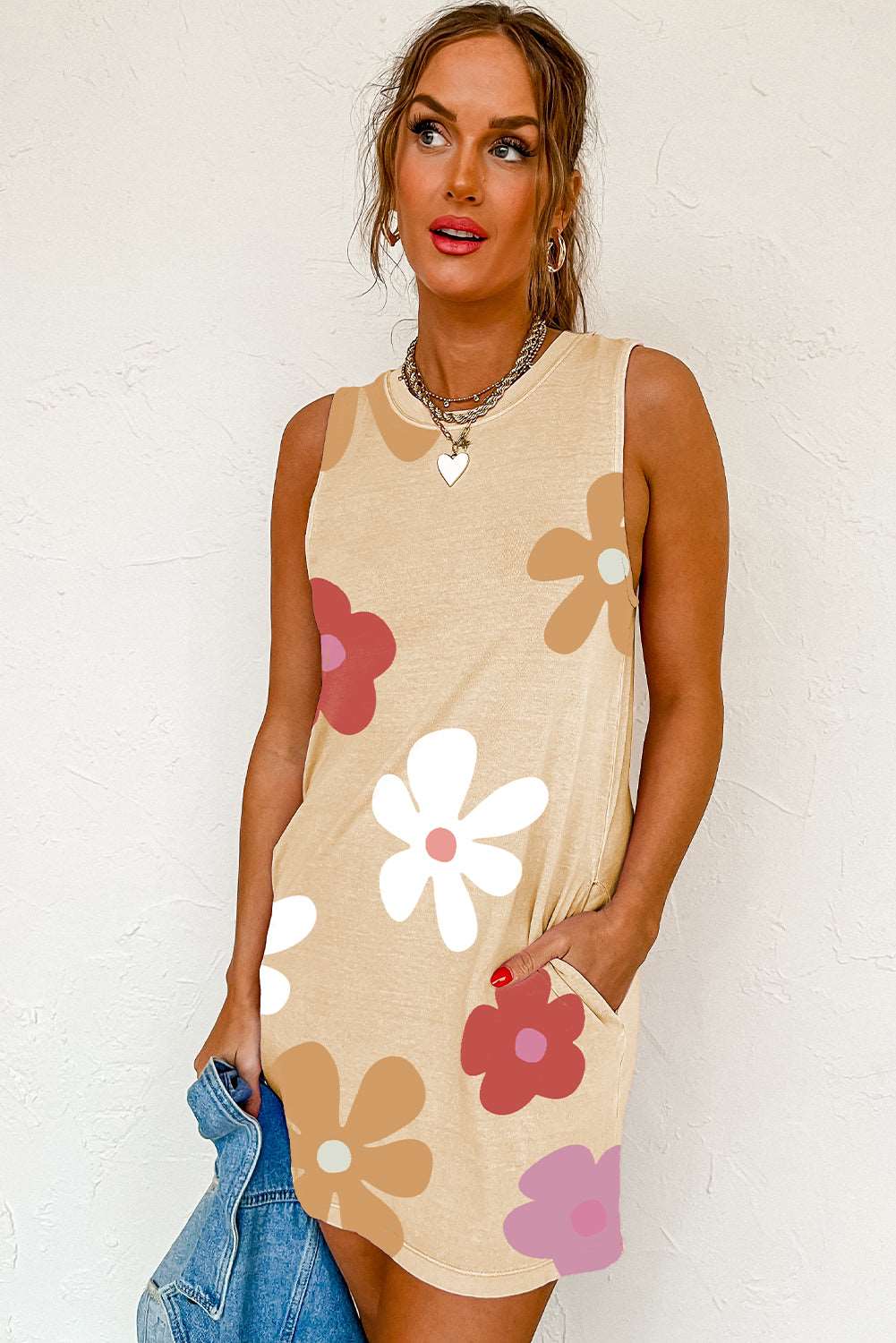 Apricot Flower Print Crew Neck Sleeveless Mini Dress