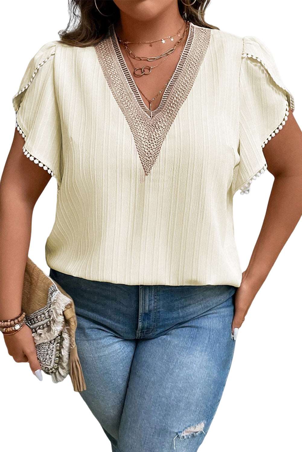 Beige Contrast Guipure Lace Petal Sleeve Plus Size Blouse