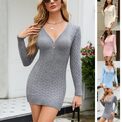 Slim Zipper V-Neck Long Sleeve Knit Dress Ins Fashion Solid Color Hip Dress Women's