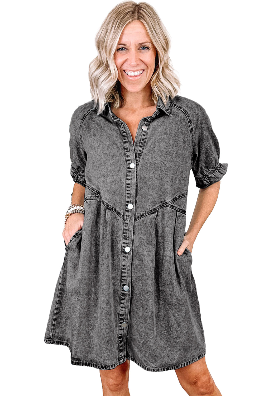 Blue Mineral Washed Ruffled Short Sleeve Pocketed Denim Dress - Eloy Royal