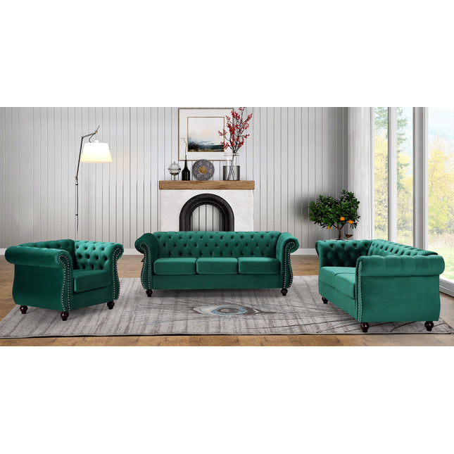 Chesterfield 3-Piece Crushed Velvet Living Room Set, 3-Seater Sofa & 2-Seater Loveseat & Single  Chair, Button Tufted Design with Rolled Arms, Wood Tapered Feet, High Density Foam