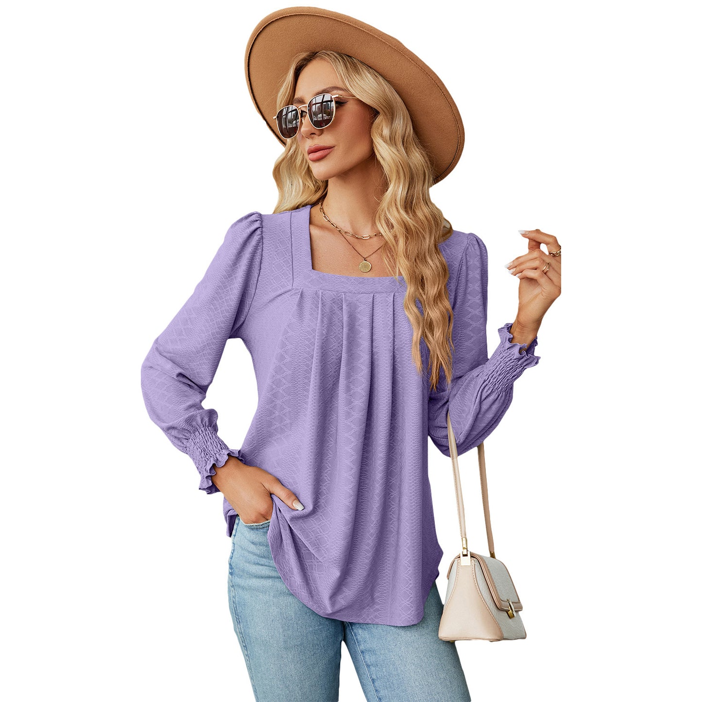 Jacquard Pleated Square Collar Long Sleeve Swallowtail Solid Color T-shirt For Women