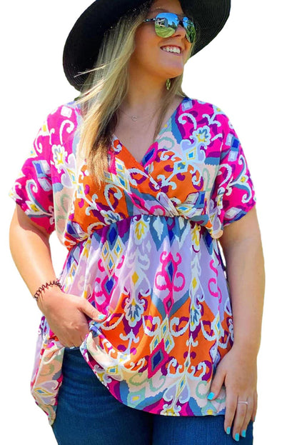 Multicolour Dreamy Abstract Print Wrap V Neck Plus Babydoll Blouse - Eloy Royal