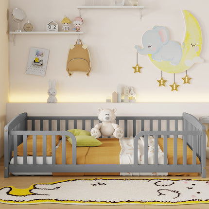 Full Size Floor Fence Bed with Central Entrance,Pine Wood Floor bed with Guardrails,Grey