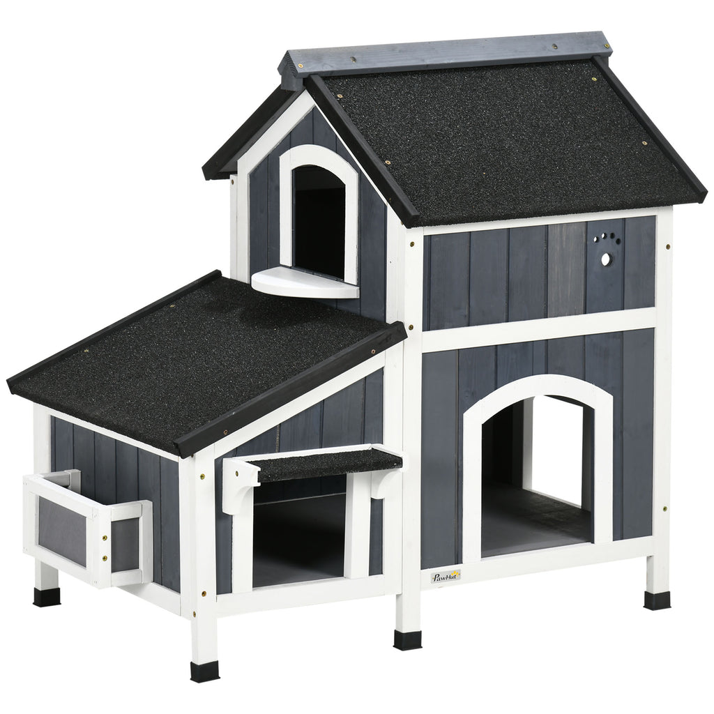 PawHut Outdoor Cat House with Weather-resistant Roof & Garden Bed, Outdoor Cat Shelter Enclosure with Multiple Entrances, Modern Cat Furniture Hideout, Cat Gifts, Gray
