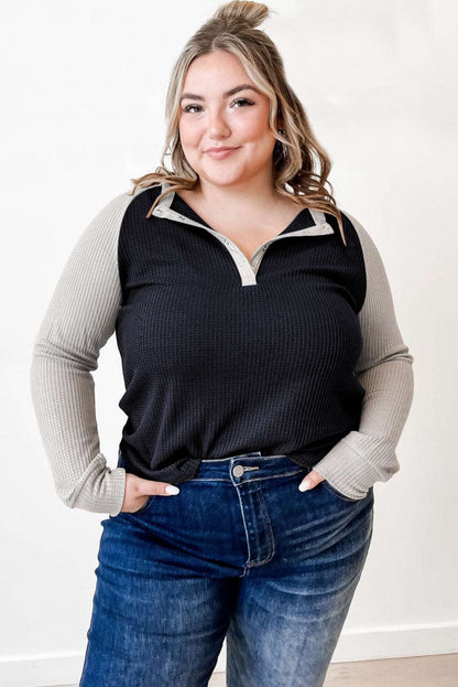 Black Plus Size Contrast Waffle Knit Henley Long Sleeve Top