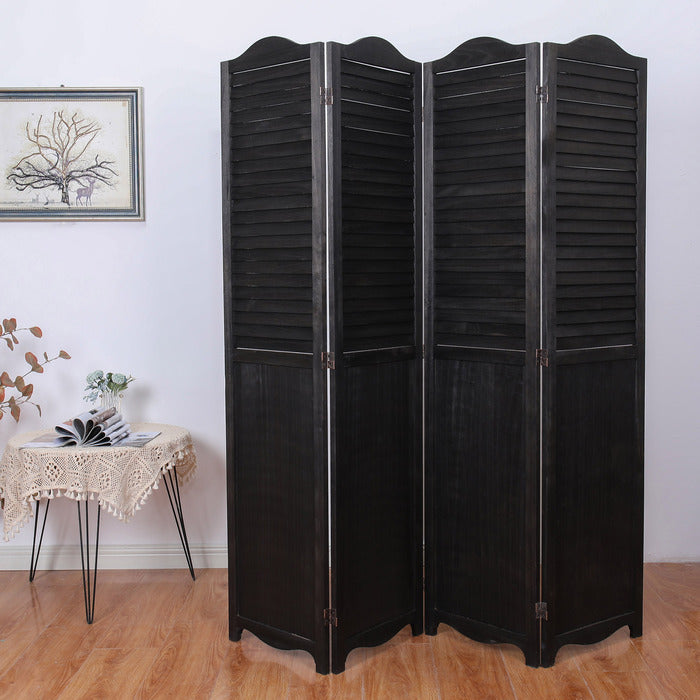 Black 4 Panel Arc Top Rustic Shutter Style Room Divider, Rustic Wood Foldable Room Divider