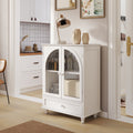 Arched Glass Door Farmhouse Sideboard, White Storage Cabinet with Tiered Top & 1 Drawer, Buffet Pantry Cabinet for Kitchen Living Room Coffee Bar