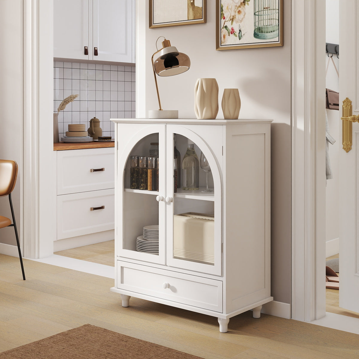 Arched Glass Door Farmhouse Sideboard, White Storage Cabinet with Tiered Top & 1 Drawer, Buffet Pantry Cabinet for Kitchen Living Room Coffee Bar