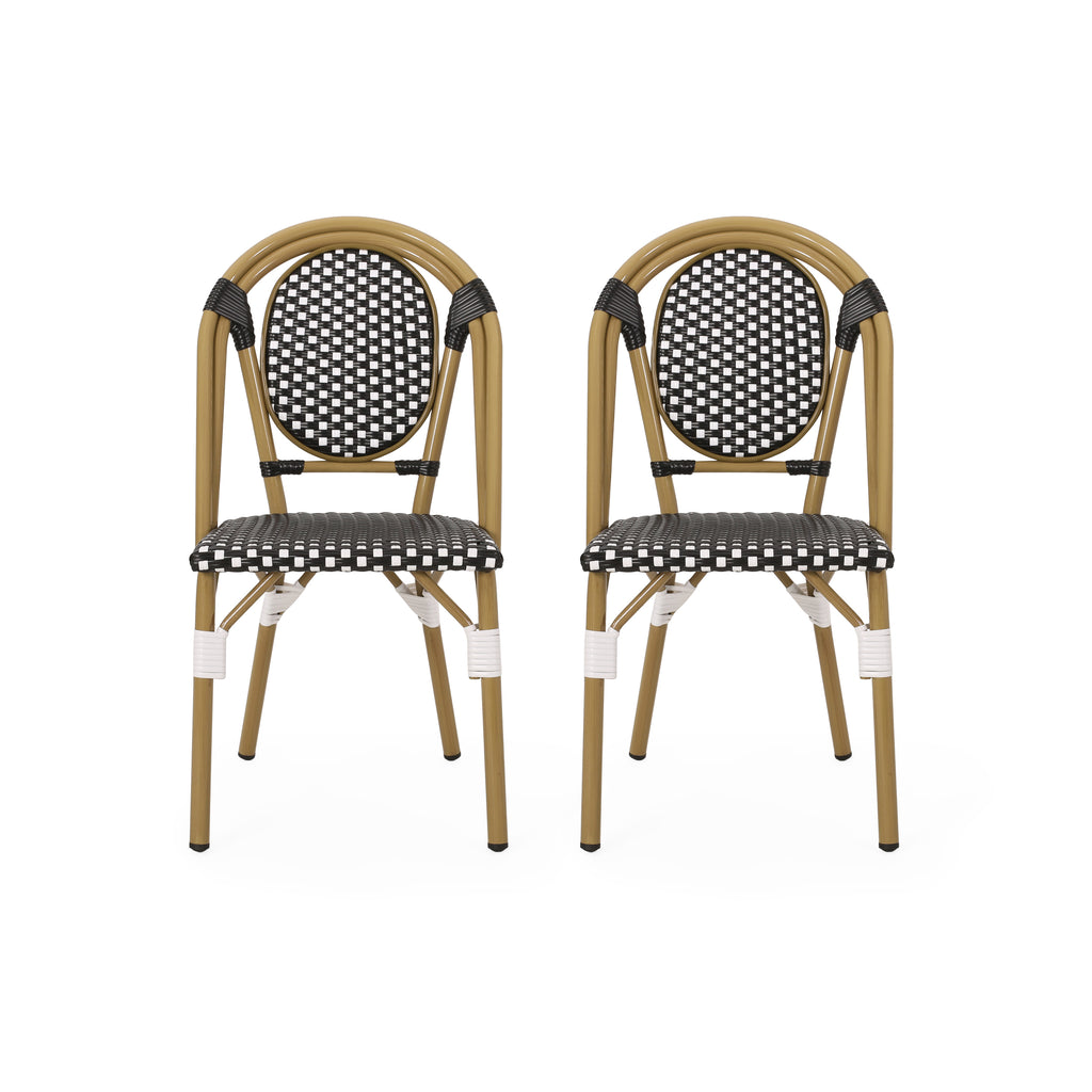 Outdoor PE Rattan and Aluminum French Bistro Chair Set, Black & White, Bamboo Print Finish