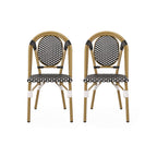 Outdoor PE Rattan and Aluminum French Bistro Chair Set, Black & White, Bamboo Print Finish