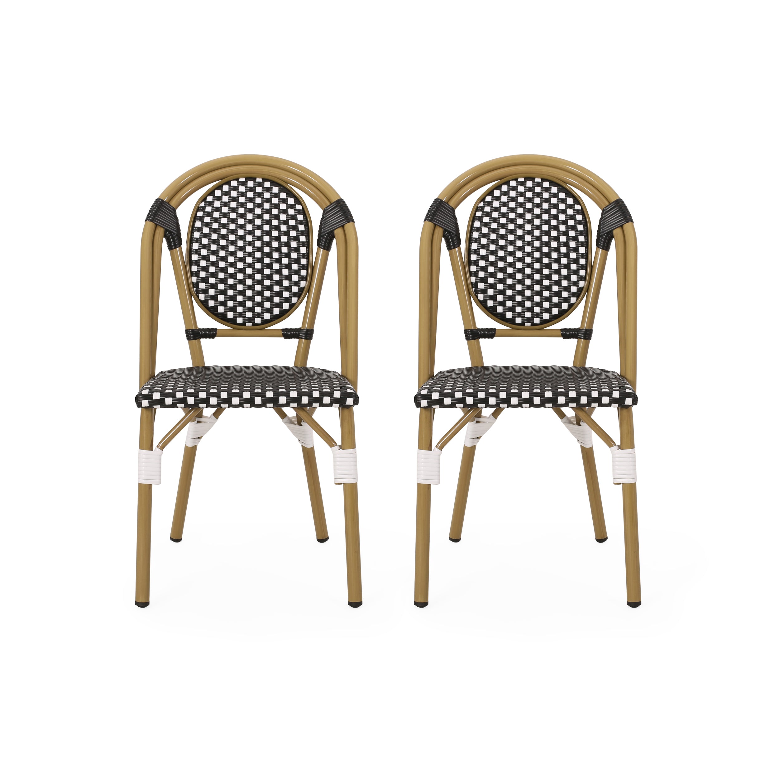 Outdoor PE Rattan and Aluminum French Bistro Chair Set, Black & White, Bamboo Print Finish