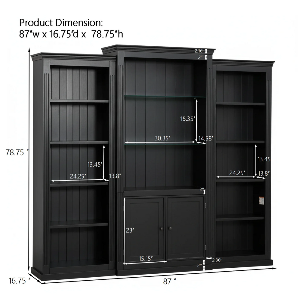 78.75'' Tall 3-Pieces Bookcase, Display Cabinet with 5 Colors Adjustable LED Ceiling Light, Retro style Bookshelves with tempered glass shelves for Living Room, Office, Studio or Workspace, Black - Eloy Royal