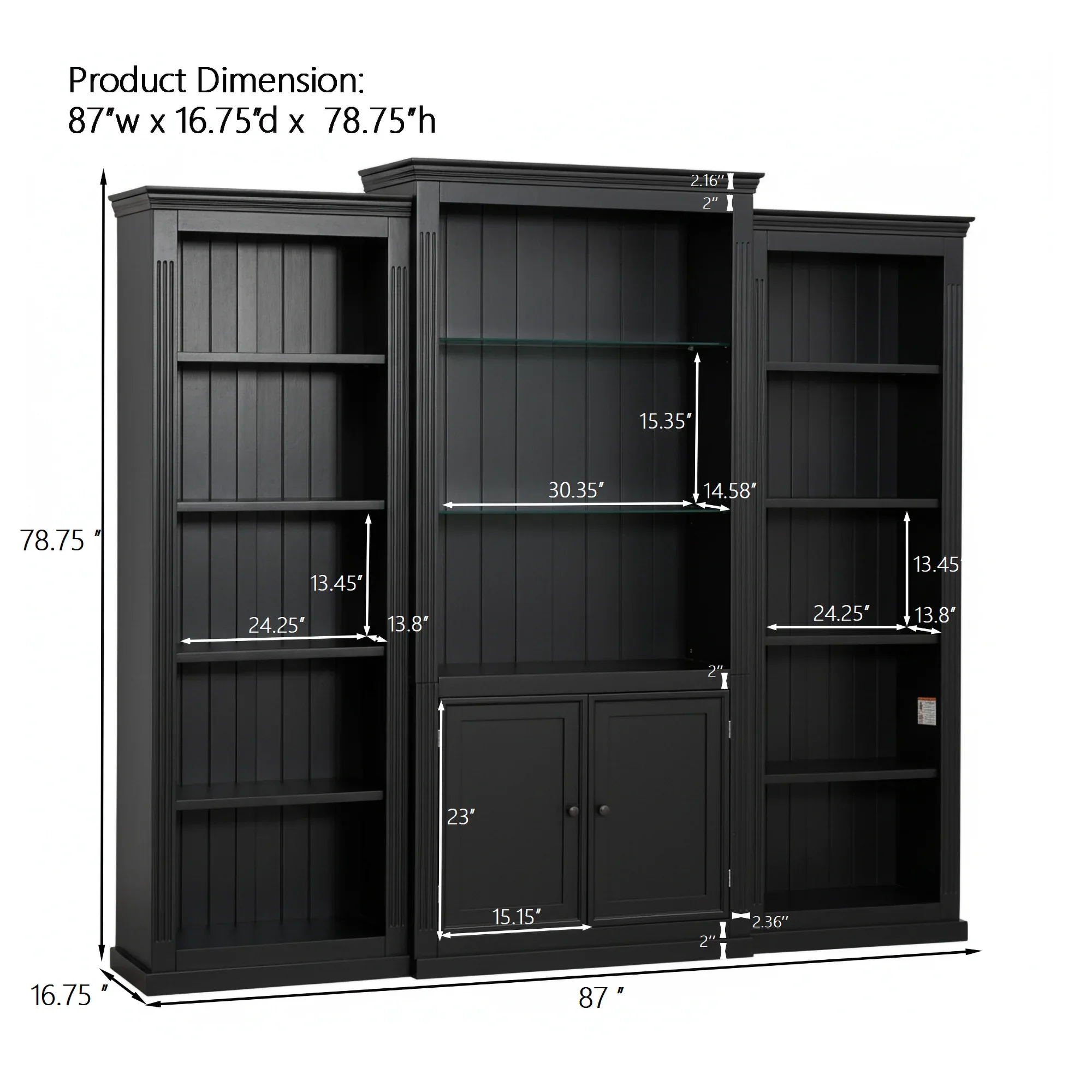 78.75'' Tall 3-Pieces Bookcase, Display Cabinet with 5 Colors Adjustable LED Ceiling Light, Retro style Bookshelves with tempered glass shelves for Living Room, Office, Studio or Workspace, Black - Eloy Royal