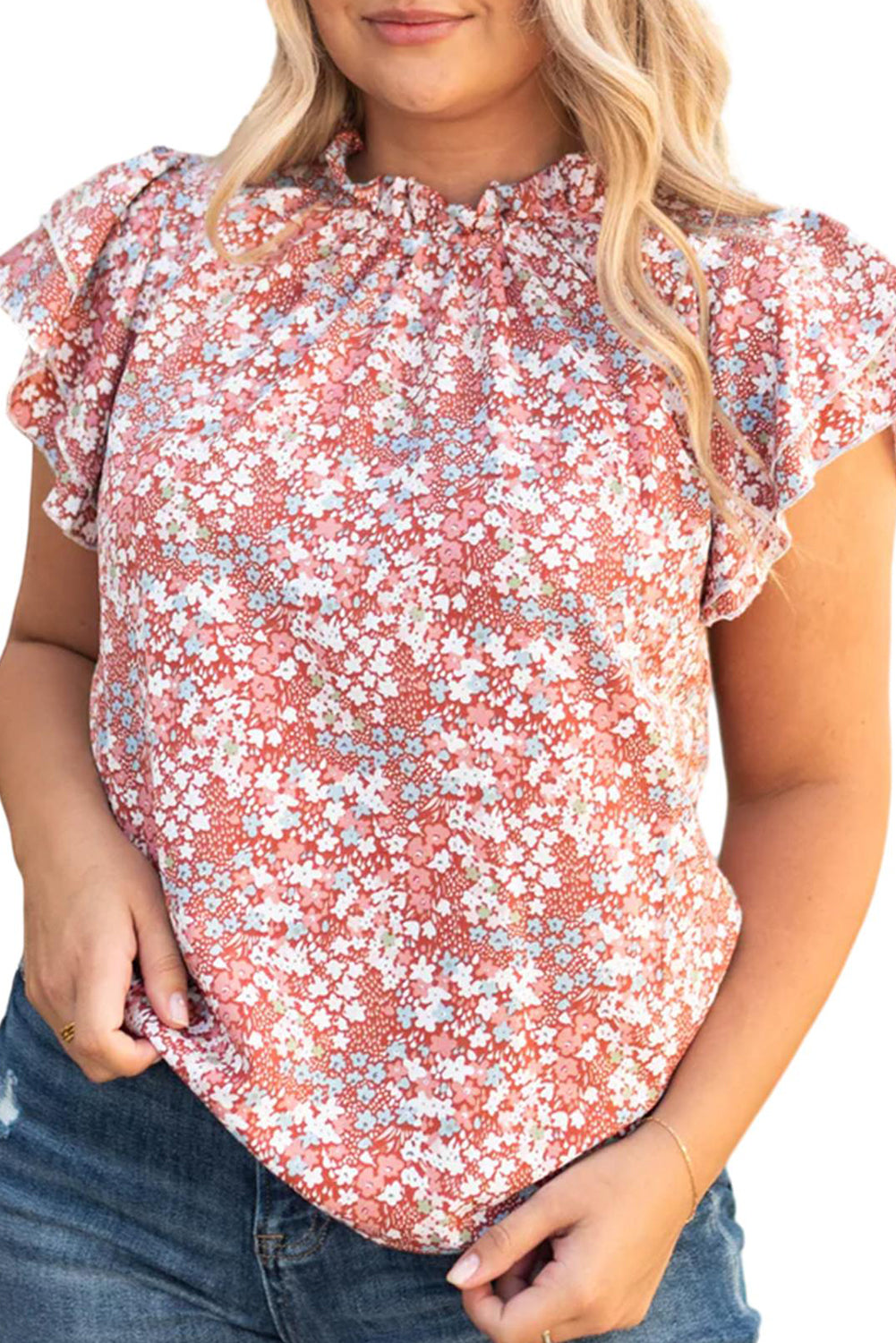 Pink Plus Size Floral Print Ruffled Sleeve Frilled Neck Blouse - Eloy Royal