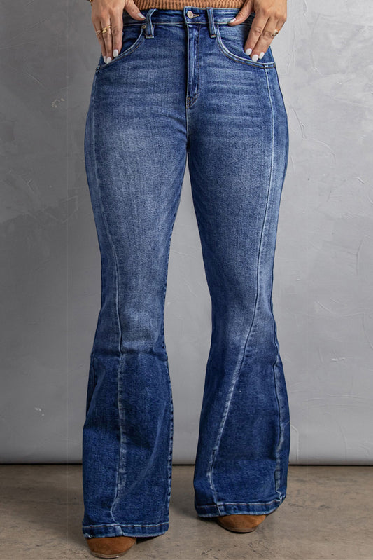 Dark Blue Plus Size Stitching Washed Flare Jeans - Eloy Royal