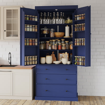 TOPMAX 77' Farmhouse Kitchen Pantry, Freestanding Tall Cupboard Storage Cabinet with 3 Adjustable Shelves, 8 Door Shelves, 3 Drawers for Kitchen, Dining Room, Blue (SP000047)