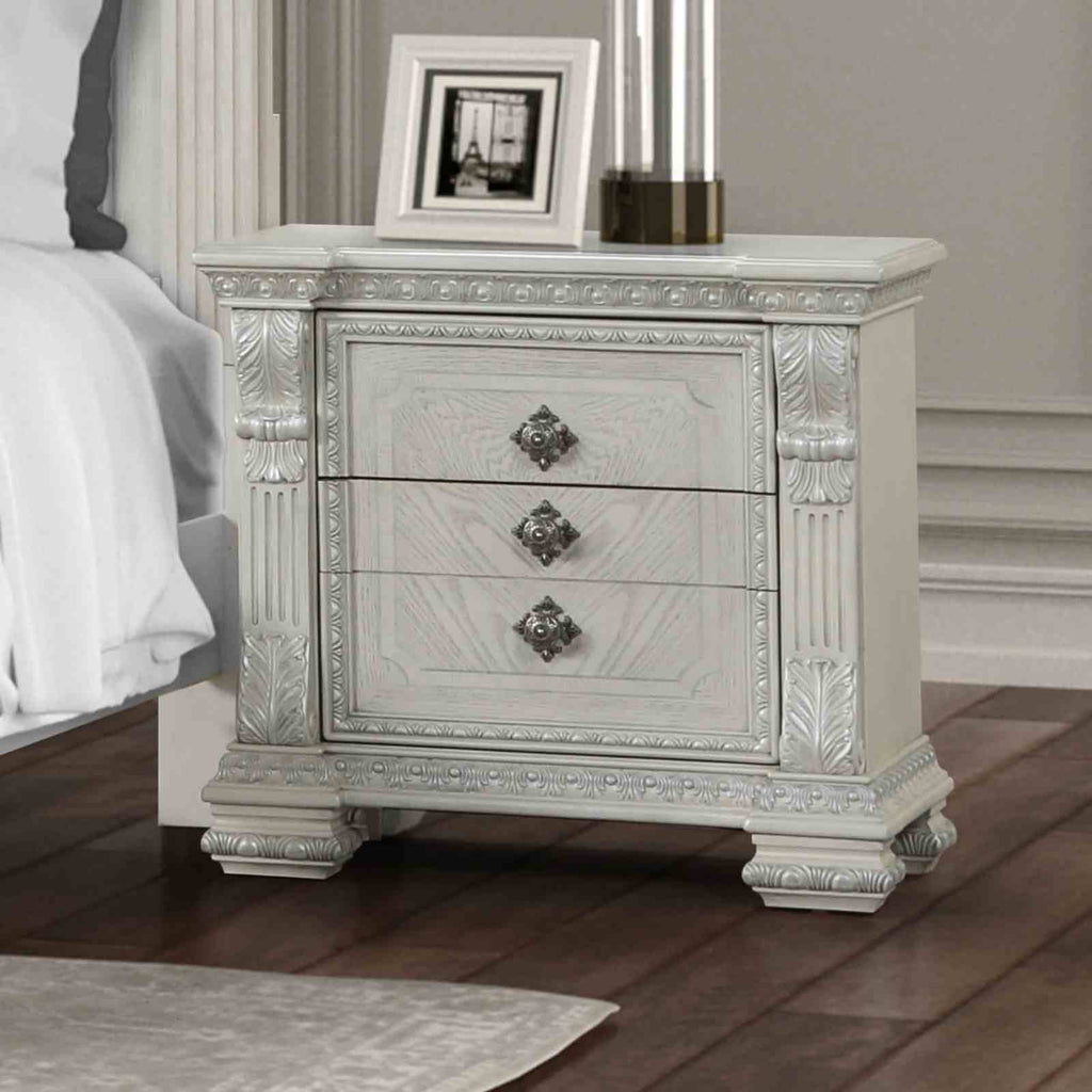 Traditional Style 1pc Nightstand Ornate Molding Ball Bearing Glides USB Port Silver Detailed Wire Brushed White Finish Bedroom Furniture