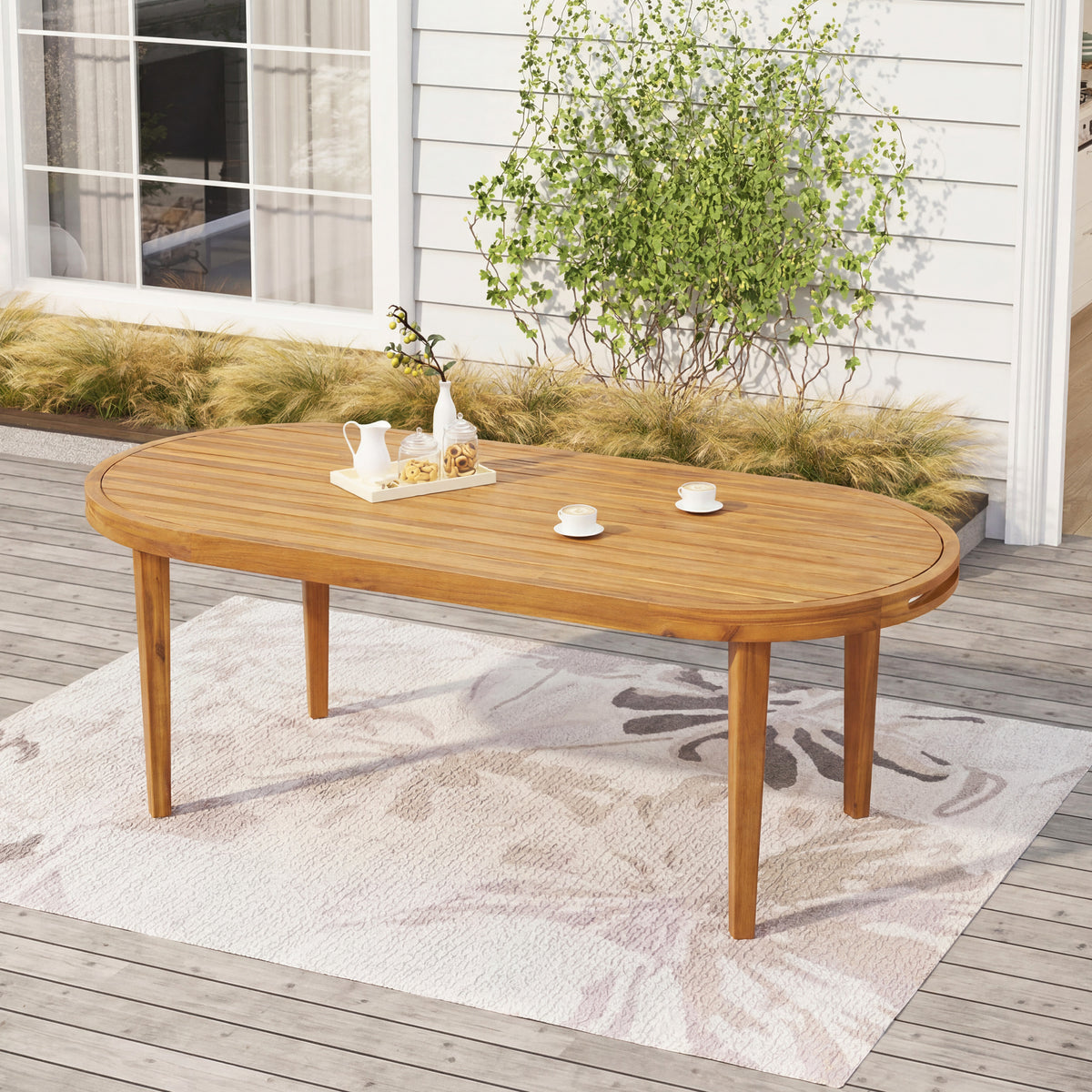 70' Oval Acacia Wood Outdoor Dining Table with Slatted Top, Weathered Finish,Teak finish