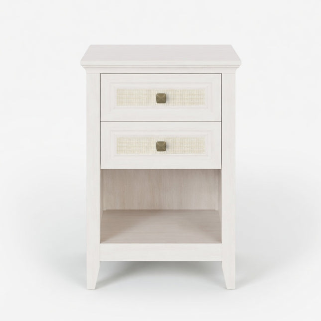 White Rattan Nightstand with 2 Drawers & Shelf - Boho Bedroom Table in Sustainable Rattan and Engineered Wood, 17.7' Wide