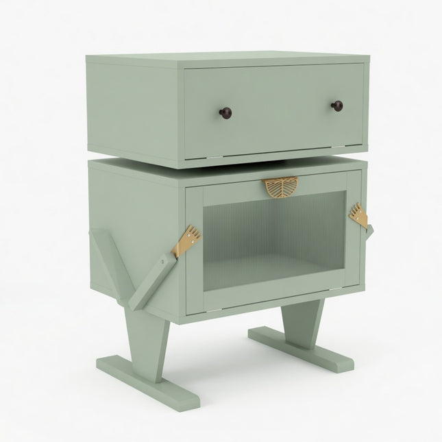 Green Robot-Shaped LED Nightstand with 360° Rotating Drawer - Modern End Table in Engineered Wood, 20.7' Wide