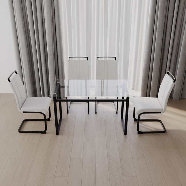 51 inch Glass Dining Table Set for 4, Dining Table & Chair Sets with Black Metal Legs for Kitchen, Modern Rectangle Tempered Glass Table Top and PU Dining armless Chair for Dining Room