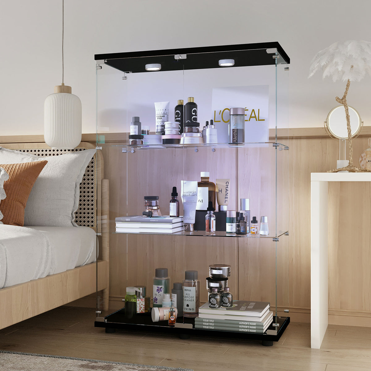 Tempered Glass Display Cabinet,Wine Cabinet,storage Cabinet,File Cabinet,with Battery-powered paipai light,Adjustable Floor Feet,Suitable for uneven ground,Can be placed anywhere,color:black