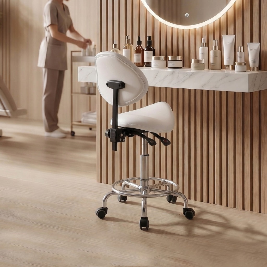 Saddle Stool Chair with Backrest Swivel Hydraulic Ergonomic Tilt Seat Chair with Wheels Footrest for Medical Hospital Clinic Dental-WHITE
